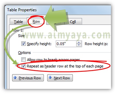  Gambar: cara membuat header row tabel dimunculkan disetiap awal halaman microsoft word mdengan menggunakan tabel properties