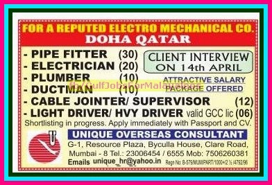 Reputed Electromechanical CO Jobs for Doha Qatar