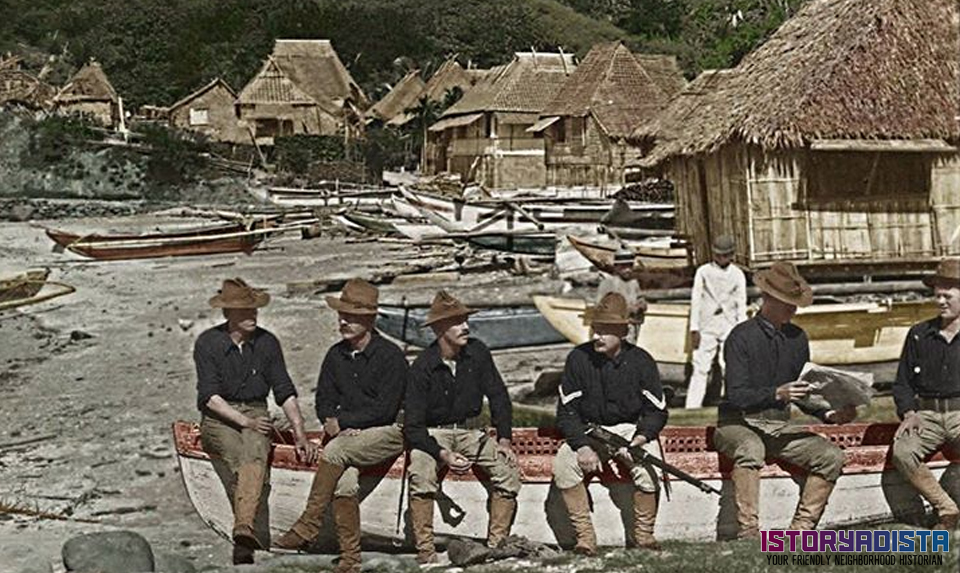 American soldiers relaxing at a fishing village (c1900)