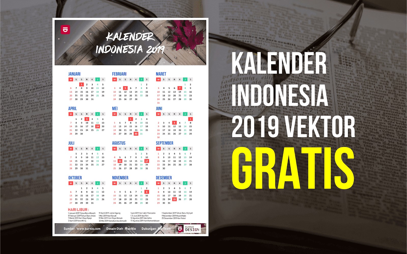Kalender 2019 Vektor Lengkap tanggal Merah, Hijriyah, Jawa 