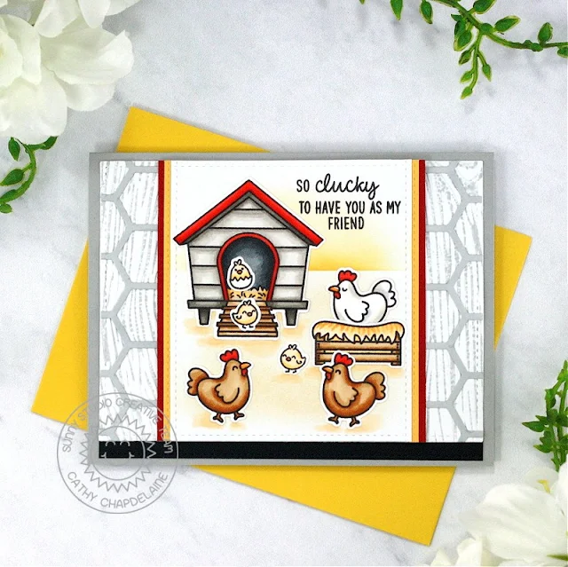 Sunny Studio Stamps: Clucky Chickens Friendship Card by Cathy Chapdelaine (featuring Ribbon & Lace Border Dies, Frilly Frame Dies, Stitched Rectangle Dies)