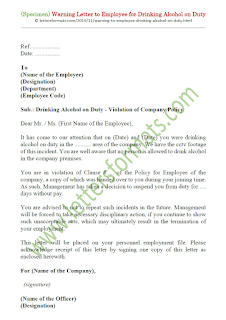 warning letter to employee for drinking alcohol on duty