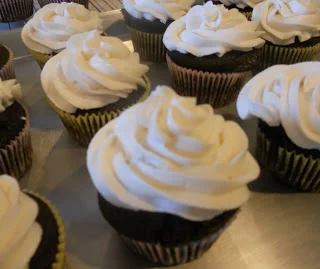 A pan of frosted chocolate cupcakes.