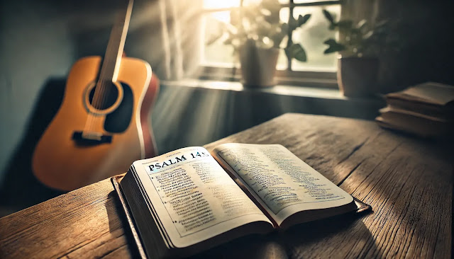 An open Bible with Psalm 145 visible, placed on a wooden table with sunlight streaming through a window and a guitar in the background, symbolizing musical inspiration and spirituality.