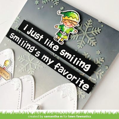 Smiling's My Favorite Card by Samantha M for Lawn Fawnatics Challenge, Lawn Fawn, Elf, Christmas, Card Making, Christmas Cards, Distress Inks, Ink Blending #lawnfawnatics #lawnfawn #elf #cardmaking #christmascard #christmas