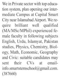 Latest Smart Stem School Teaching Posts in Islamabad 2025