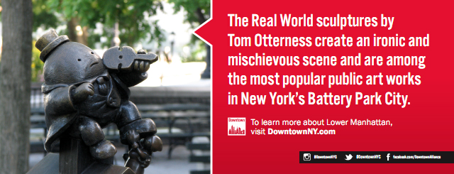 Pubblicità della Downtown Alliance, The Real World di Tom Otterness, Battery Park City, New York