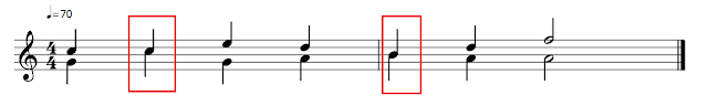 Partitura con dos voces. Podemos ver figuras con dos plicas cuando las dos voces coinciden