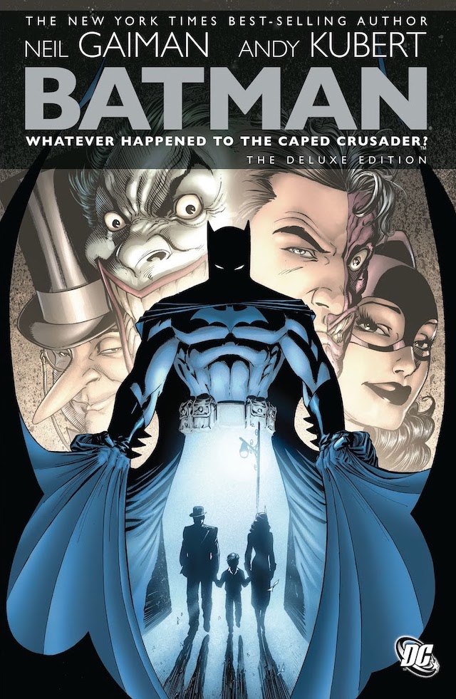 Batman opening his cape to frame, below his torso where his legs would be, silhouettes of young Bruce Wayne and his parents under a streetlight, faces of maniaclly grinning Joker, Penguin, Two-Face, and Catwoman behind him