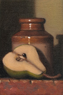 Still life oil painting of half a pear lying beside an earthenware jar.