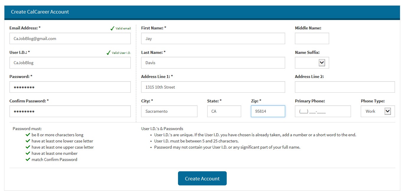 Image CalCareer Account Registration Information filled out