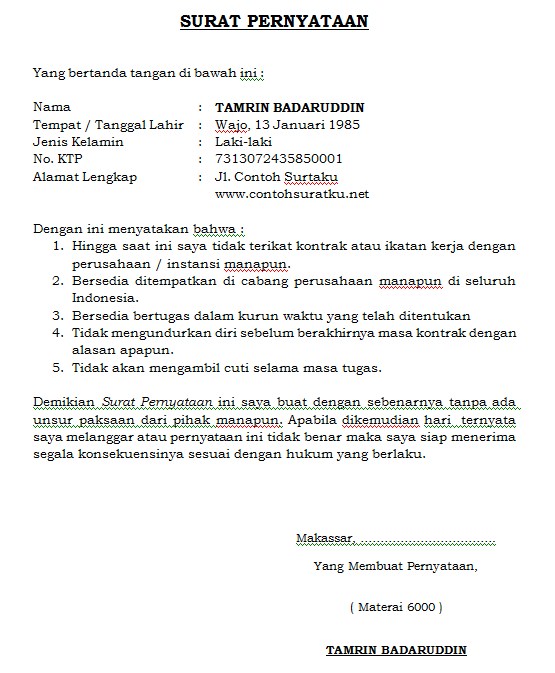 Contoh Surat Pernyataan Alamat - Gambar Con