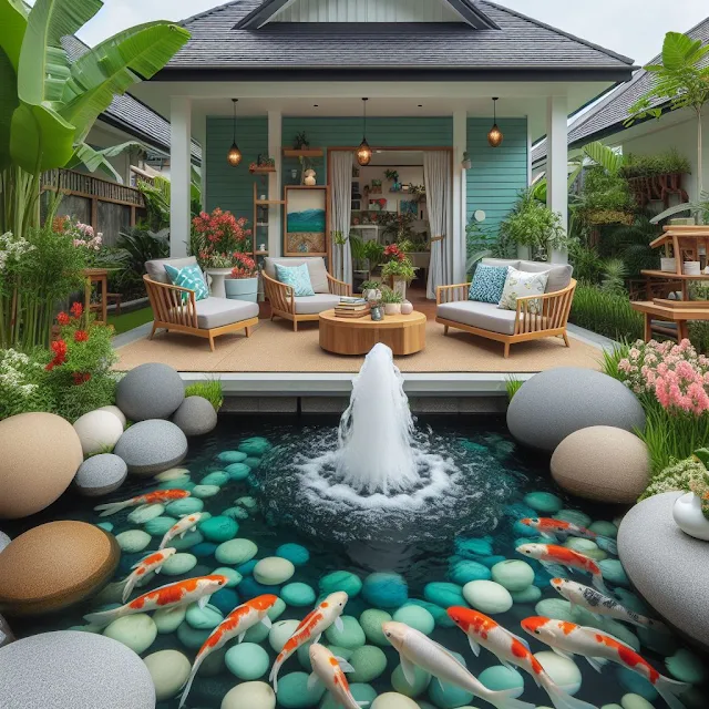 Design Taman Kolam ikan Rumah minimalis yang nyaman, dengan kursi dan meja untuk membaca buku, bebatuan kecil di sekitar kolam, air mancur, latar belakang berwarna-warni.