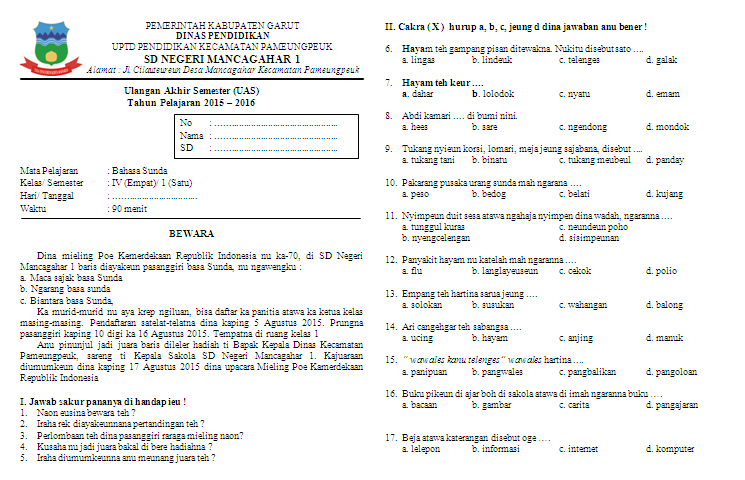 Unduh Soal UAS Bahasa Sunda Kelas 4 Semester 1 - Soal Soal 
