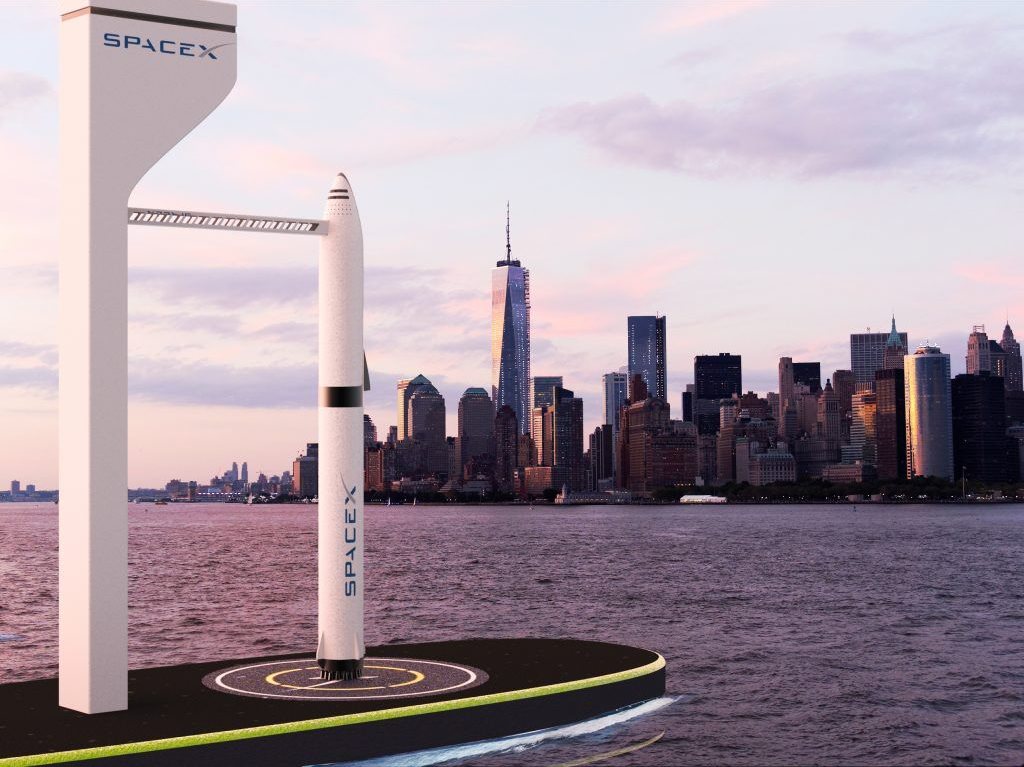 SpaceX Big Falcon Rocket (BFR) launch platform in New York Bay by Davorin Mesarič
