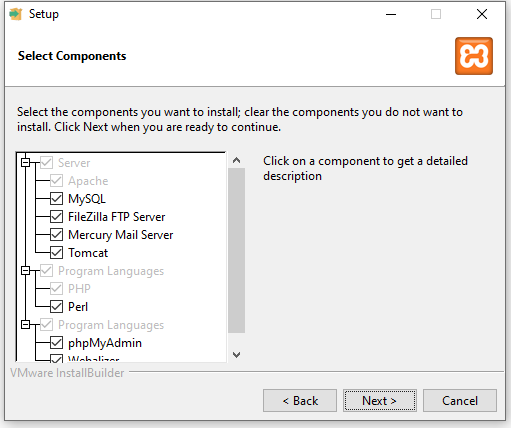 Xampp Component Selection during Installation