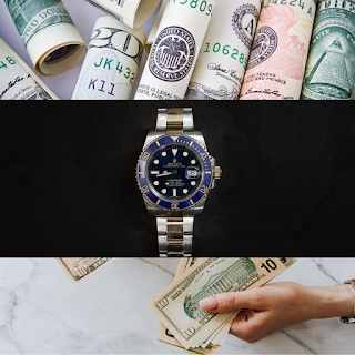 Pictures of wristwatch and money