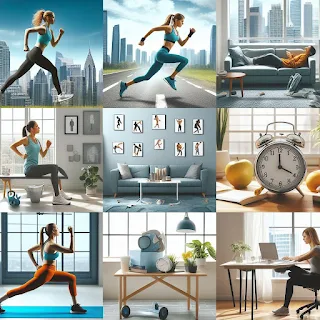 Collage of images featuring various micro workout scenarios: lunchtime jogging, home Tabata intervals, and office-friendly stretches