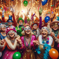 A large crowd of elderly ladies in colorful costumes.