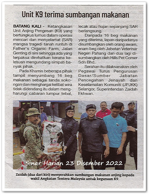 Unit K9 terima sumbangan makanan - Keratan akhbar Sinar Harian 23 Disember 2022