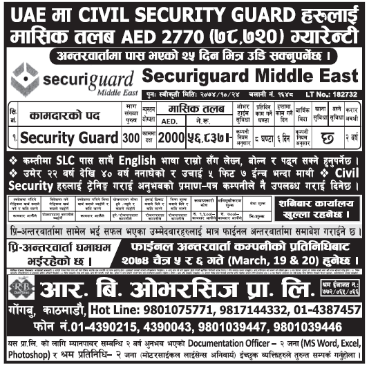 Security Guard jobs in UAE for Nepali, Salary Rs 56,837