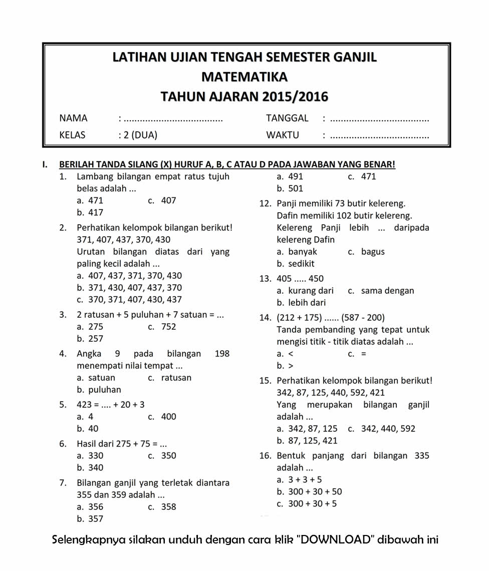 Download Soal UTS Ganjil Matematika Kelas 2 Semester 1 T.A 2015/2016 ~ Rief Awa Blog : Download 