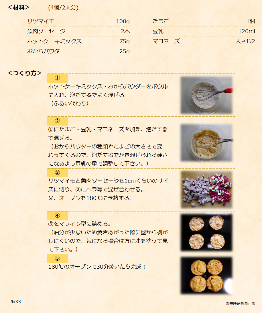 【サツマイモとソーセージのお食事マフィン】＜材料＞＜つくり方＞