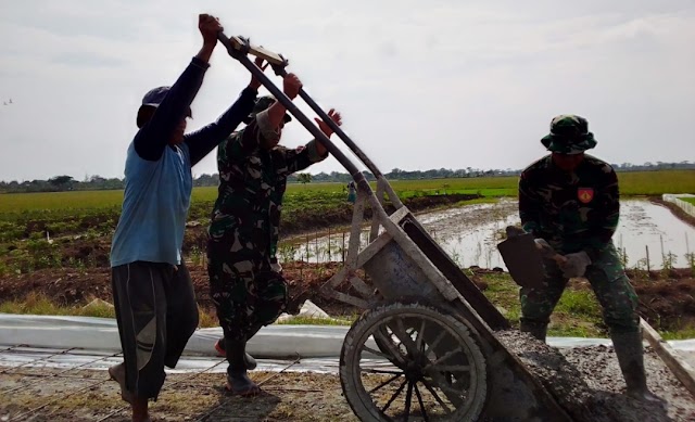 Anggota Satgas TMMD dan Masyarakat Kebut Pengecoran Jalan Pertanian Desa Rejosari Kecamatan Mijen