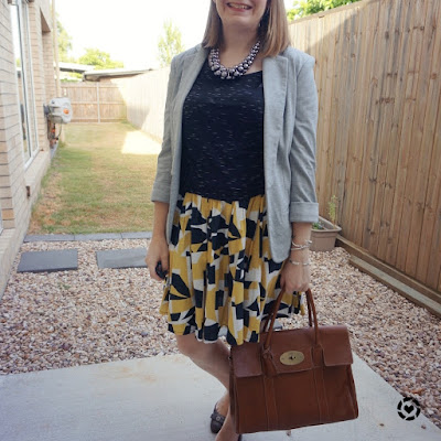 awayfromtheblue Instgaram | space dye tee with jersey blazer mustard printed pleated skirt