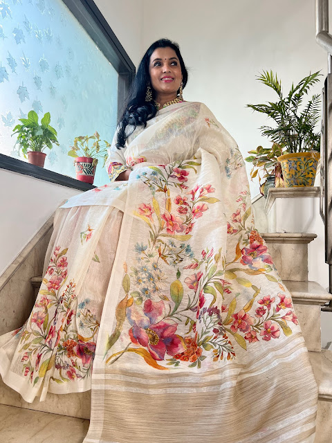 Linen floral saree