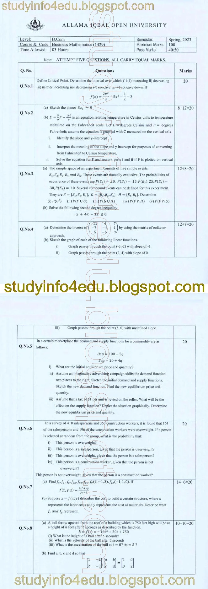 Aiou 1429 past papers Business Mathematics Spring 2023