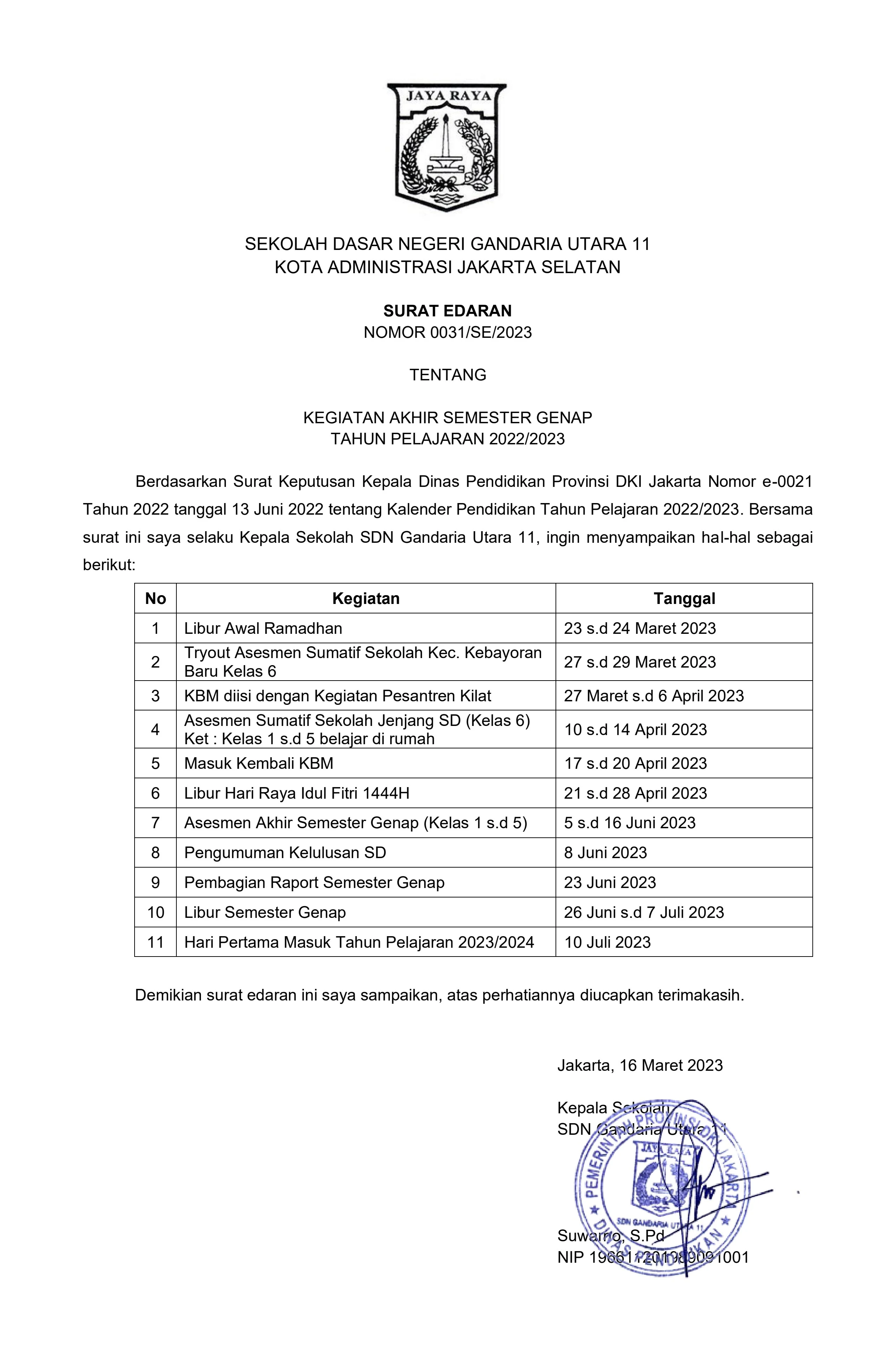 Surat Edaran Kegiatan Akhir Semester Genap Tahun Pelajaran 2022/2023