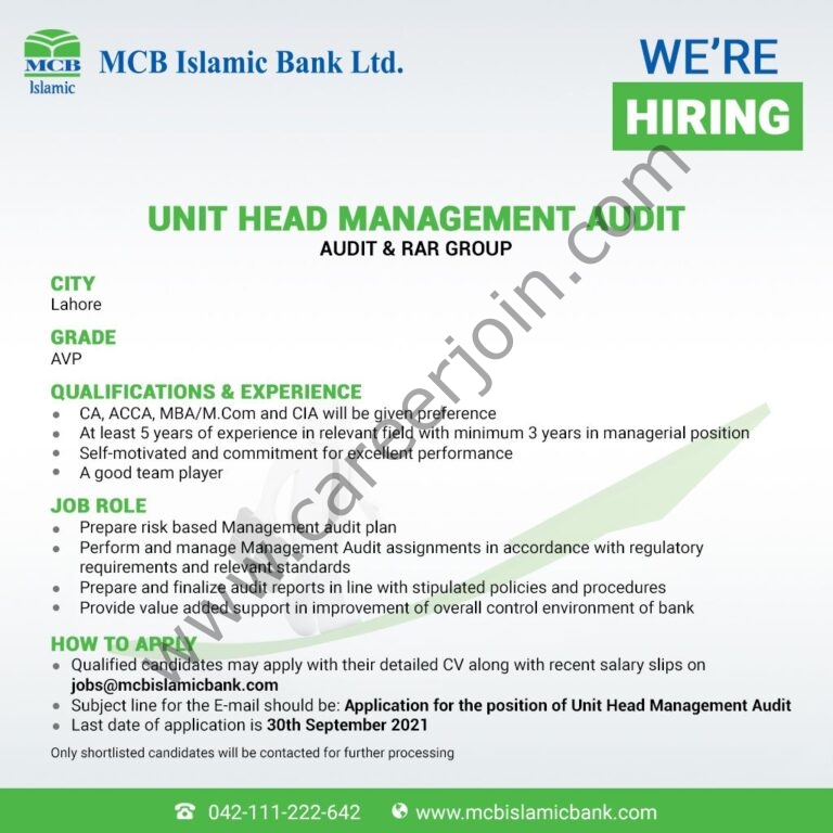 Jobs in MCB Islamic Bank