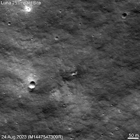 An animated GIF showing the possible impact site of Russia's Luna 25 spacecraft on the surface of the Moon...as seen by NASA's Lunar Reconnaissance Orbiter.