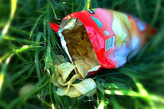 Bag of open crisps on the grass