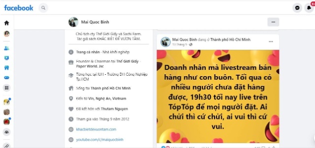 Doanh nhân Mai Quốc Bình không ngại live-stream bán hàng
