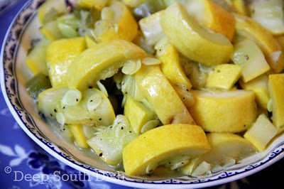 Young, tender, yellow summer squash, prepared simple and basic. Sweet Vidalia onion and bell pepper is first sauteed in bacon drippings and butter, the squash is added, and slowly smothered down.