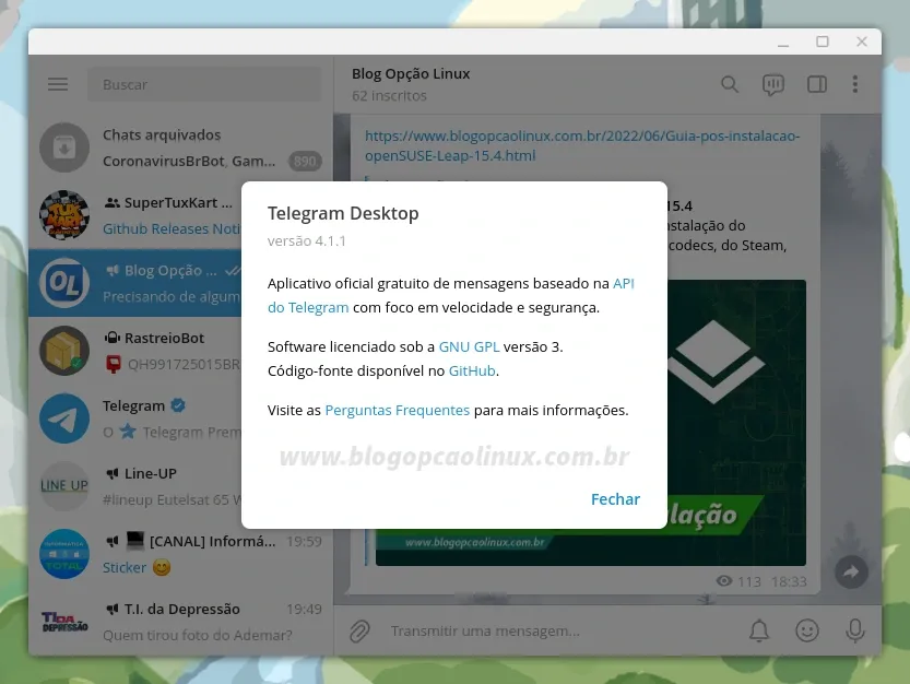 Telegram executando no Fedora 37 Workstation