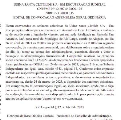 Imagem mostra edital de convocação da Usina Santa Clotilde na edição de 17/04/23 do Diário Oficial de Alagoas