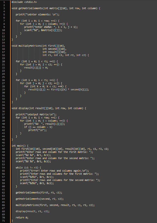 C programming, Perform matrix multiplication using multi-dimensional arrays.