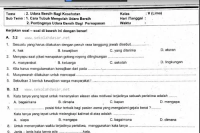 Soal UTS K13 Kelas 5 Tema 2 Subtema 1 dan 2