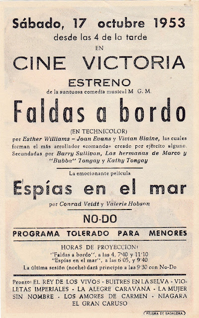 FALDAS A BORDO. Programa de mano, dorso: 8,5 x 13 cms. Imprenta: Prisma, Badalona. FALDAS A BORDO. Skirts Ahoy! 1952. Estados Unidos. Dirección: Sidney Lanfield. Reparto: Esther Williams, Joan Evans, Vivian Blaine, Barry Sullivan, Keefe Brasselle, Billy Eckstine, Keenan Wynn.