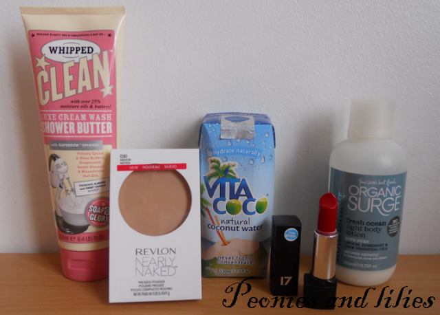 Soap and glory whipped clean shower butter, Revlon nearly naked pressed powder, Vita coco coconut water, Organic surge fresh ocean body lotion, 17 mirror shine lipstick in Roasted red, March 2013 favourites