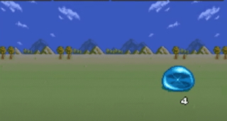 Blue slime with 4 under it to show the amount of damage it took and also shows blue sky and green grass and also rocks meant to represent mountains