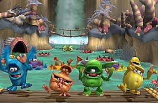 four monsters dancing in front of waterfall