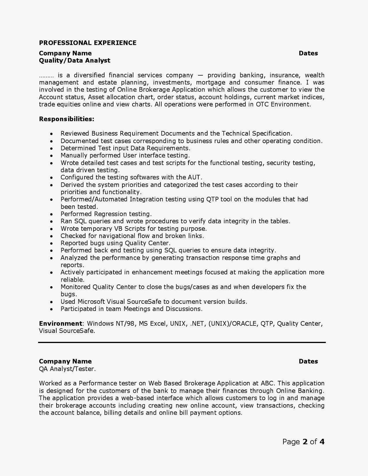 Quality Analyst (QA) Resumes