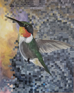 An acrylic painting on canvas of a hummingbird with a square mosaic background. Painted by Laura Enninga.