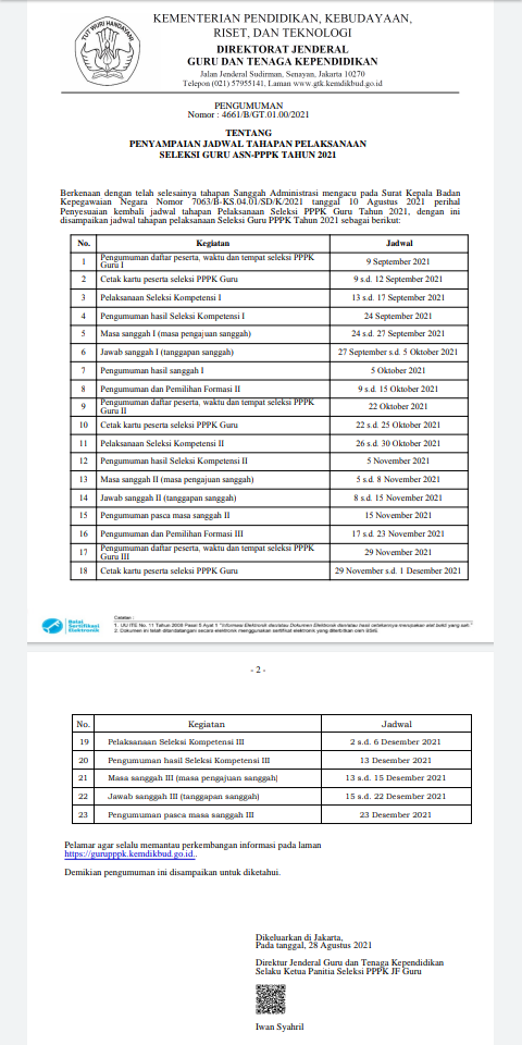 Surat Pengumuman Jadwal Tahapan Pelaksanaan Seleksi Guru ASN-PPPK Tahun 2021