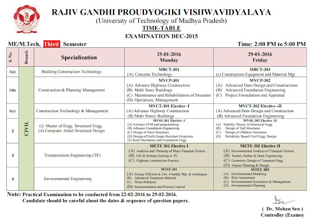 RGPV ME/M.Tech 3rd Semester Examination Time Table 2016