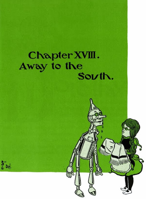 Dorothy dries the Tin Woodman's tears on the title page of "Chapter XVIII. Away to the South."